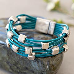 Teal Leather Beaded Cuff Image 2